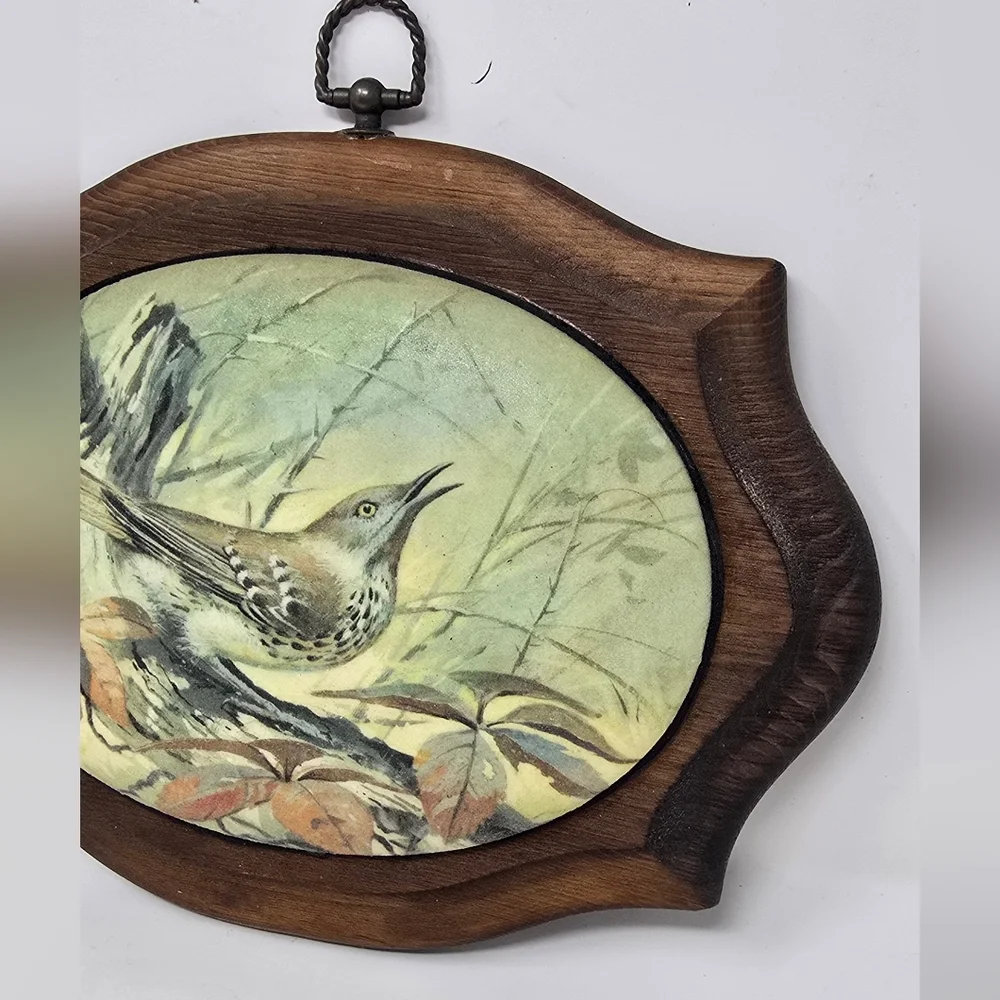 Vtg beaded glass dome 1960 floral wall art wood bird‎ farmhouse cottagecore